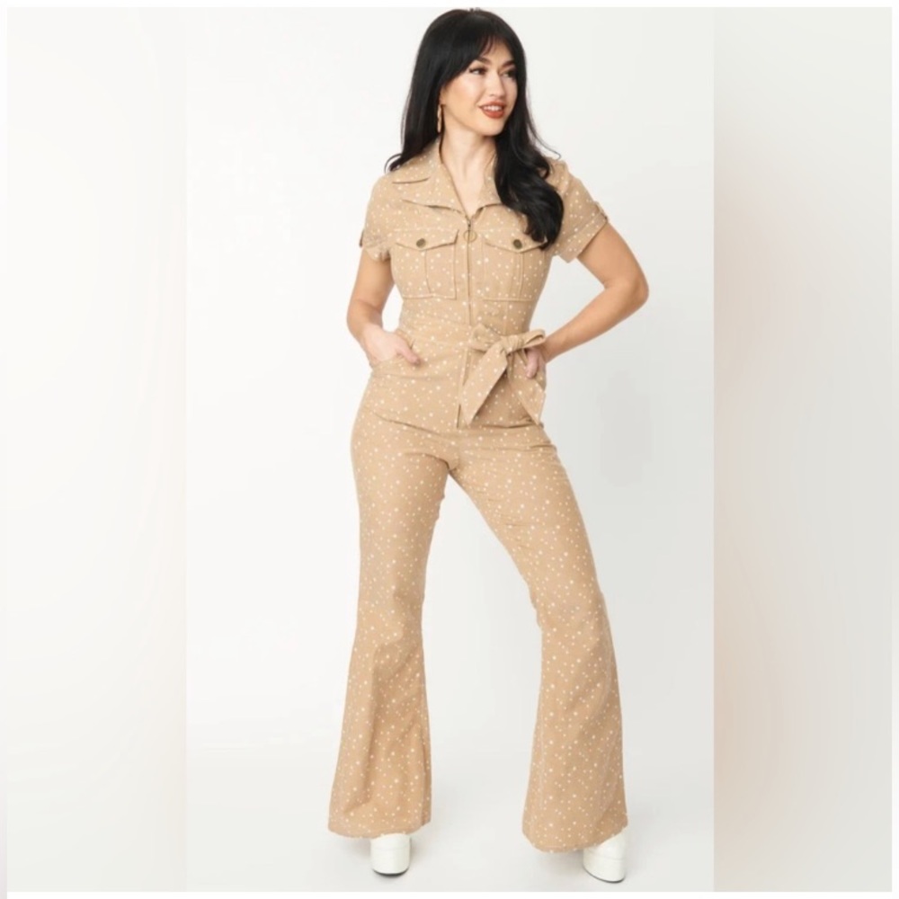 Unique Vintage - Smak Parlour Tan and White Stars Jumpsuit